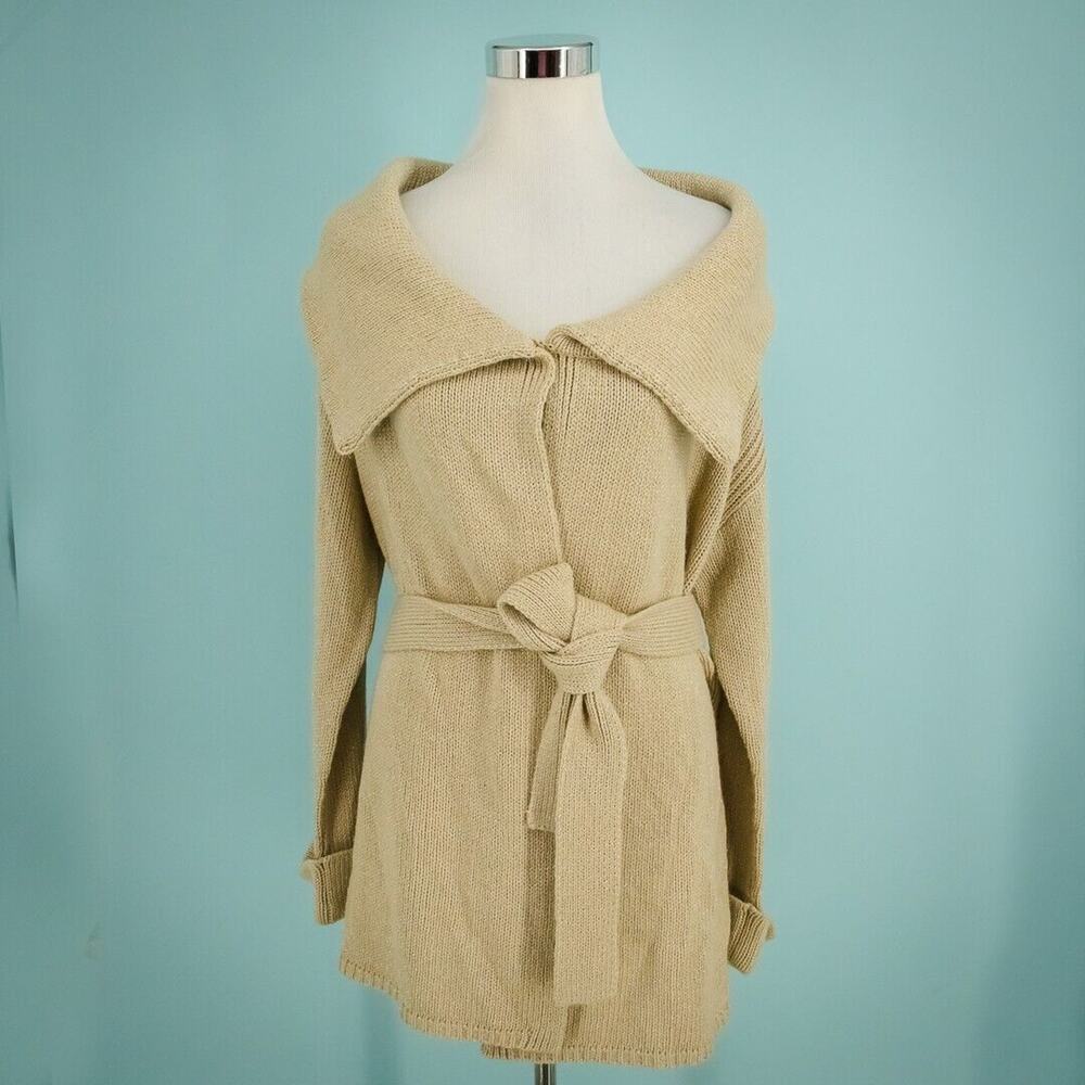 Talbots Size Medium M Tan Beige Large Collar Metallic Belted Cardigan Sweater